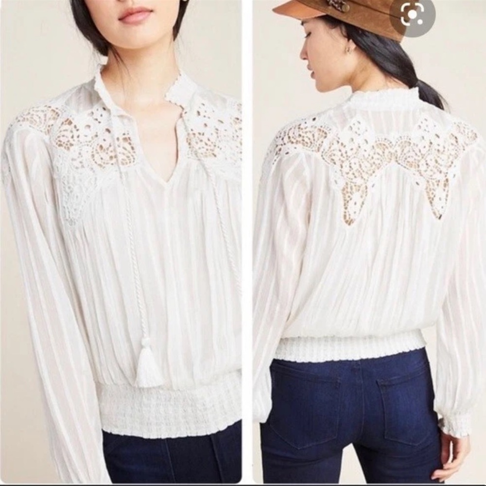 Anthropologie Moira Peasant Boho Smocked V Neck Blouse Shirt White Size 6